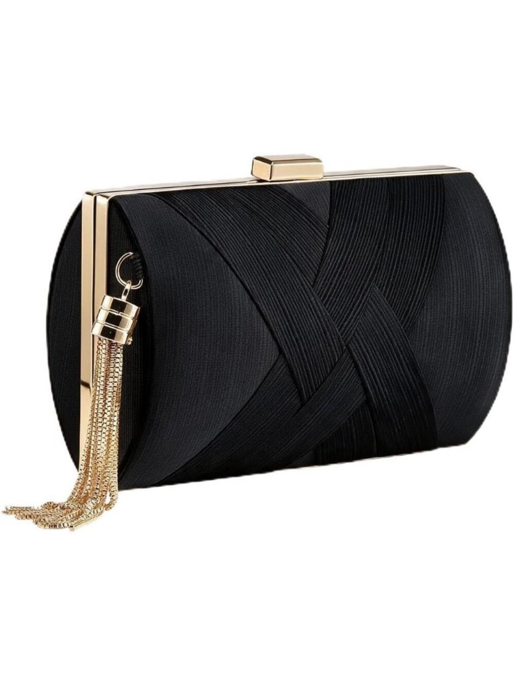 Women's Black Silk Satin Clutch Purse Pearl Tassel With Chain Evening Bag